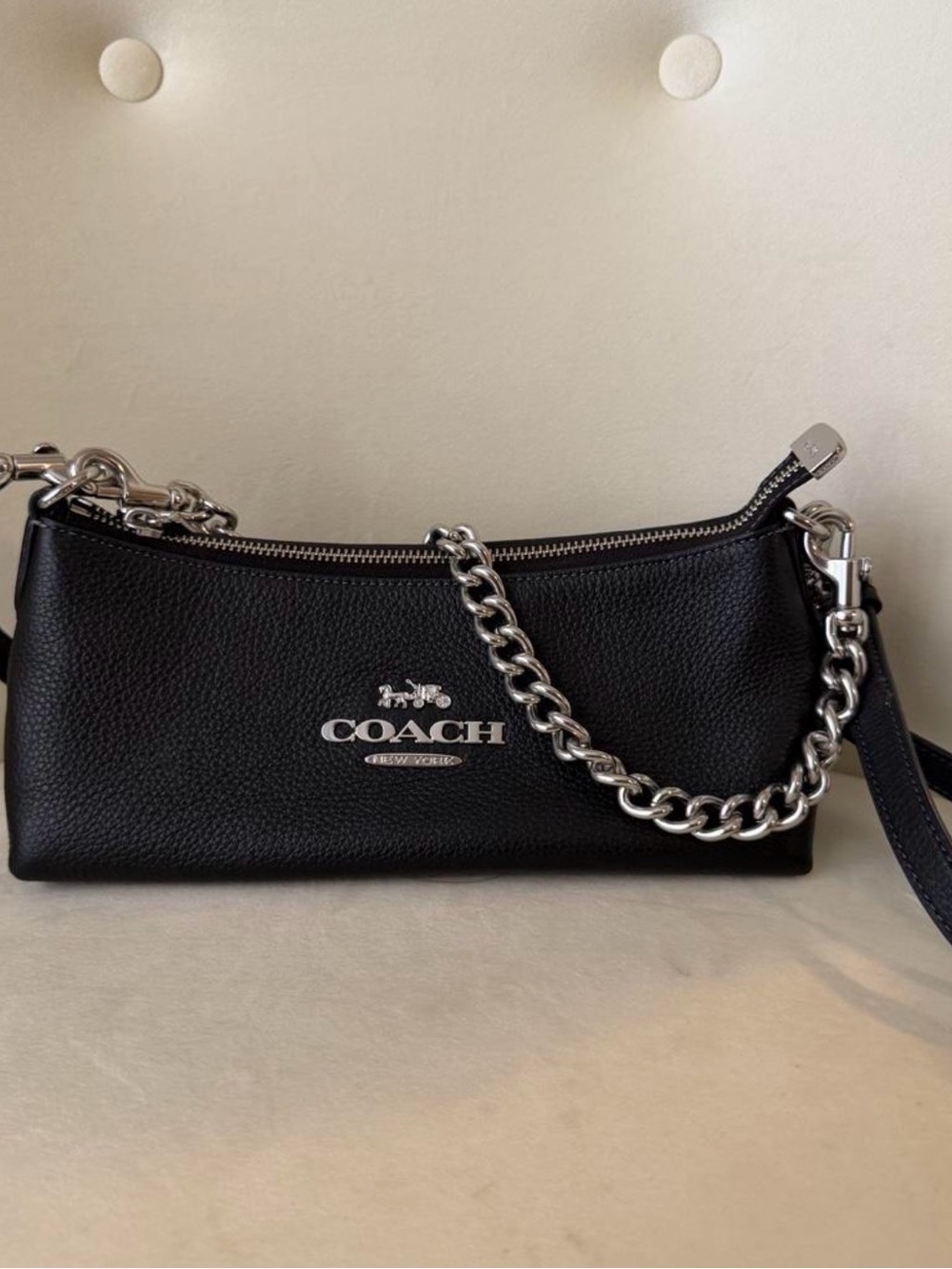 Coach Black Pebbled Leather Shoulder Bag with Silver Chain